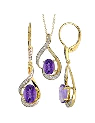 14k Gold Dangle Earrings (19mm tall) & 18 in. Pendant-Necklace Set, w/ 0.20 Carat Brilliant Cut Diamonds & 3.64 Carats Oval Cut (7x5mm) Amethyst Stones