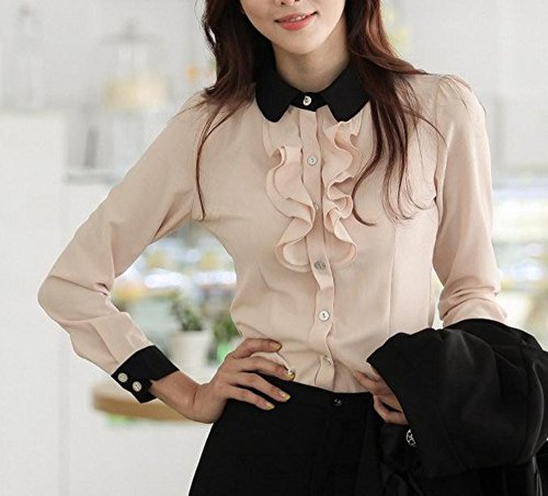 シャツ ブラウス ドレスシャツ 大きい サイズ 有 シフォン フリル バイカラー シャツ フォーマル トップス デート パーティー 長 袖 ベージュ (オリジナル・ブレスレットとサシェセット)