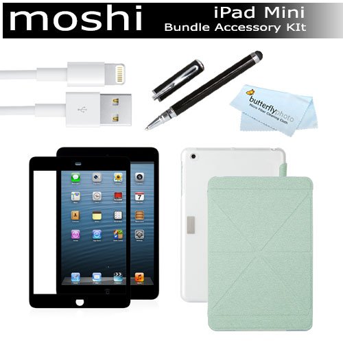 Moshi iGlaze VersaCover Origami Case with Wake/Sleep Function for iPad Mini (Aloe Green) + Moshi iVisor Screen Protector AG (Anti-Glare) for iPad Mini (Black) + 8 Pin lightning USB Cable + 2 in 1 Capacitive Stylus with Integrated Ballpoint Pen + More