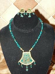 Christmas Gift - Gold Plated Sea Green Indian Style Ethnic Jewelry Set Necklace Earring 3pc Free Shipping