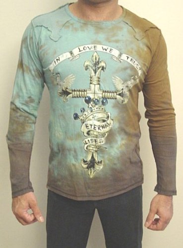 Tattoo Art Metal Studded Dagger Cross Skulls Crown Long Sleeve Tattoo Shirt 