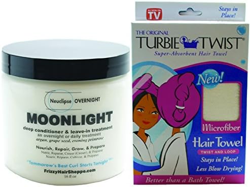 Bundle - 2 Items: Frizzy Hair Shoppe, Neuclipse (New Era for Curls) Overnight MOONLIGHT 16 oz, Curl Moisturizer, Deep Conditioner, &amp; No Frizz Leave-in with Organic Argan Oil, Turbie Twist Super Absorbent Microfiber Towel White (1 Pack)