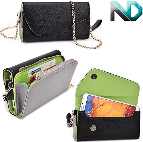 Pantech Vega R3 IM-A850L Womens Wristlet Clutch Case Semi-Gloss Black and Battleship Gray with Matte Olive Green with Credit Card Holder & ND Velcro Cable Organizer