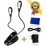 LE&reg; Rechargeable LED Book Light, Portable Music Stand Lights, 300LUX, Dual Head, 4-Level Brightness, AC Adapter and USB Cord Included, Daylight White, Clip Light, Task Lighting