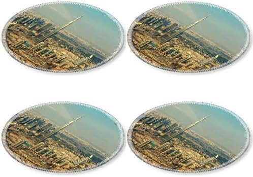 Dubai Skyscrapers Building Busy City Scenery Round Coaster (4 Piece) Set Fabric Rubber 5 Inch Size Luxlady Coaster Cup Mug Can Water Bottle Drink Coasters Stain Resistance Collector Kit Kitchen Table Top Desk