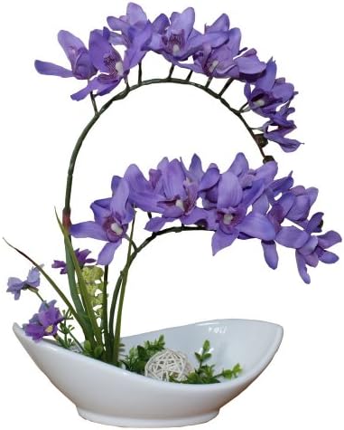 Huazhiwu 12" Thailand Phalaenopsis Orchid Arrangements Real Touch Silk Artificial Flowers Ceramic Bonsai Pots, Purple
