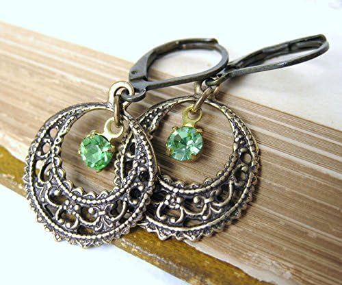 Filigree Jewel. Vintage Peridot Charm Earrings. Antiqued Brass, Swarovski Rhinestone