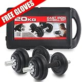 FG 20kg cast iron dumbbell weights set fitness exercise workout in a carry case with weight lifting gloves