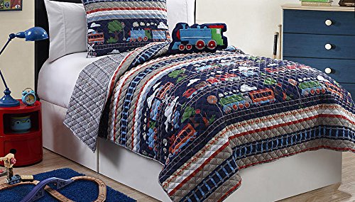 Blue, Green & Red, Boys Twin Quilt, Sham & Toss Pillow (3 Piece Bedding)