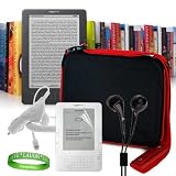 Amazon Kindle DX Free 3G model ( Graphite , White , Latest Generation , 2nd Generation ) Accessories Kit: **Graphite - Red** Kindle DX Carrying Case Hard Cube Case with Shoulder Strap and Attached Pocket + Kindle DX Car Charger + Custom Cut Kindle DX Screen Protector + Black Kindle DX Earphones + VG Live * Laugh * Love Wrist band!!!