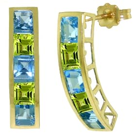 14k Gold Pin Earrings with Genuine Blue Topaz and Peridots by 