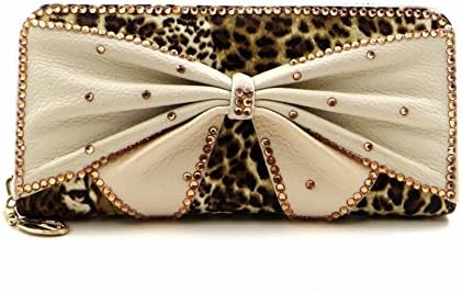 Rhinestone Bow Decorated Leopard Print Zip-around Wallet - Beige