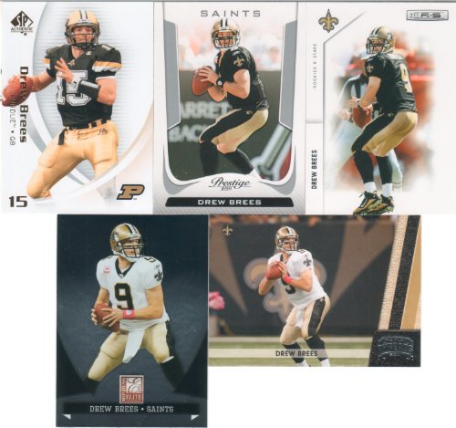 Drew Brees 5 Card Gift Lot Containing One Each of His 2011 Prestige, Rookies and Stars, Threads and Donruss Elite Mint Condition New Orleans Saints Cards, Plus a 2010 SP Authentic Purdue University Card. Shipped in 100 Card Cardboard Storage Box!