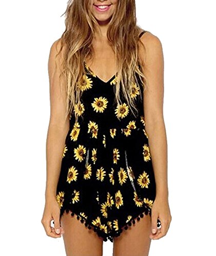 Moxeay® Women Vintage V Neck Straps Sunflower Print Jumpsuit (L)