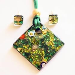 Handmade Murano Glass Jewelry Gift Set (a Pendant and Earrings)- Mary Green/ Gold Style 1