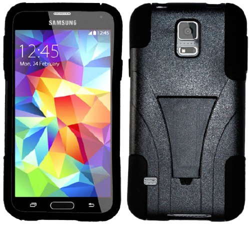 myLife Ultra Black - Neo Hybrid Series (Built In Kickstand) 2 Piece + 2 Layer Case for NEW Galaxy S5 (5G) Smartphone by Samsung (External Hard Fit Armor With Built in Kick Stand + Internal Soft Silicone Rubberized Flex Gel Bumper Guard)