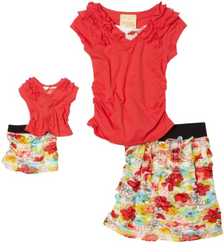 Dollie & Me Girls 7-16 Short Sleeve Ruffle Top With Ruffle Skirt,Coral,7