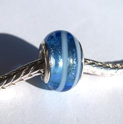Murano Style Glass Lampwork 925 Bead Fits Pandora Electric Blue with White Stripes, 14mm (1)