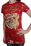 ED HARDY Womens T-Shirt Love Kills Slowly Metallic Paint Splatter Red/Gold