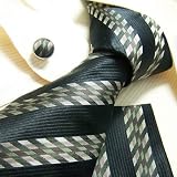 NEW Y&g Designer Hand Made Black Green Brown Striped 100% Jacquard Woven Pure Silk Mens Neck Tie Neckwear and Cuff Links Cufflinks and Handkerchiefs Set H3014