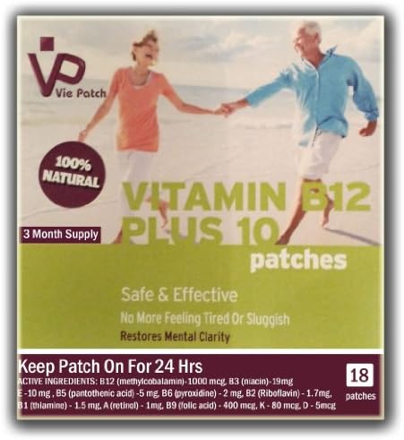 Vie Patch - VITAMIN B12 PLUS 10 - 18 Patches. No More Feeling Tired Or Sluggish. 100% Natural. 3 Month Supply