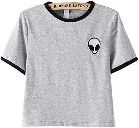 Women Alien Cropped Top Teens Girls Embroidery T Shirts Shirt Short Sleeve L