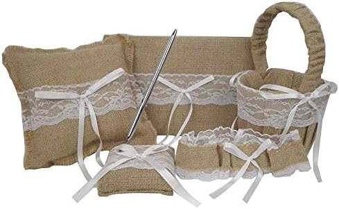 Teasun Burlap Lace Guest Book&amp; Pen Set Ring Pillow Flower Basket Garter 5pcs Wedding Set