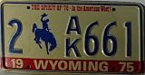 Wyoming 1975 License Plate Blue Numbers with Bucking Bronco