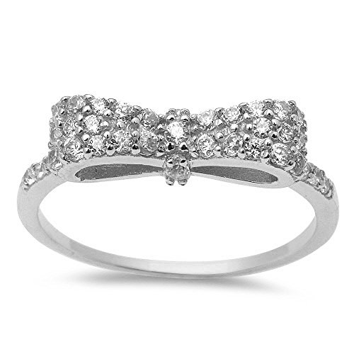 White Cz Bow Tie .925 Sterling Silver Ring Sizes 3-12