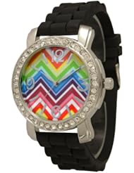 Womens Geneva Rhinestone-accented Silicone Watch Rainbow Chevron Design - Black