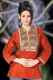 Designer Red Raw silk Kurti/Tunic with contrast color beaded collar