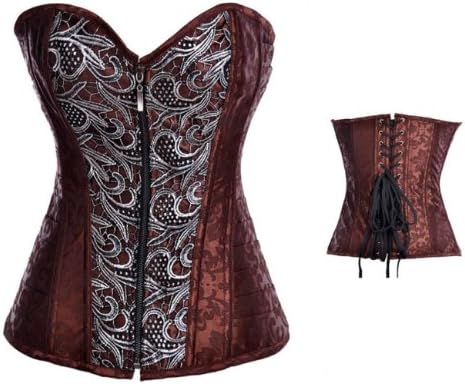 Valin Sexy Punk Front Zip Up Corset With G-String,Brown,M
