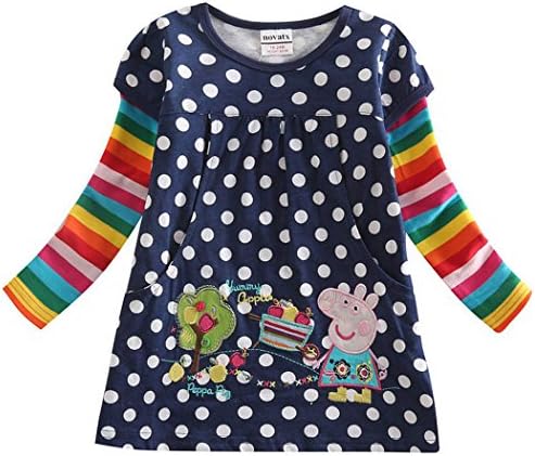 Novatx Peppa Pig Girls Long Sleeve Tops Tees Cotton Embroidery Dress, Sapphire, 5/6Y