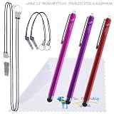 Bundle of Three 5.3" Premium Stylus Pens + 4 Lanyards/Strings + Cleaning Cloth in Retail Packaging (Hot Pink, Purple, Red)