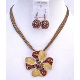NS249 Brown Flower Pendant Enamel Jewelry Set Ethnic Traditional Affordable Flower Jewelry Set