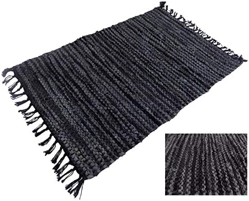 LUXURIOUS LEATHER COTTON THICK HEAVYWEIGHT WOVEN BLACK CARPET RUG MAT 50 X 80CM - 20" X 32"