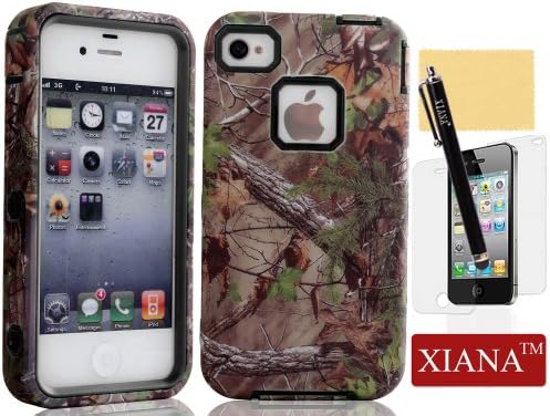 iPhone 4S Case, iPhone 4 Case, XIANA Three-in-one Layers Branch with Leaves Hybird Hard Soft Skin Back Case Cover For iPhone 4 4S(Black),Including A Stylus,Screen Protector and Cleaning Cloth