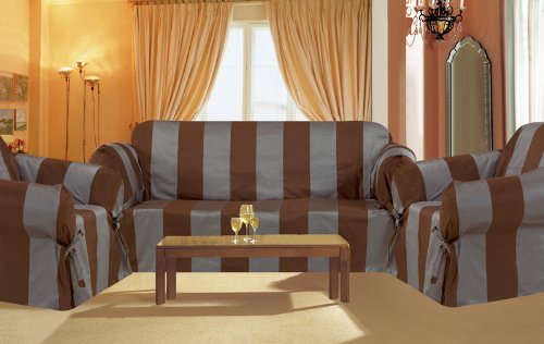 Home Decor 3Pcs Coffee Stripe Jacquard Sofa / Loveseat / Chair Slipcover