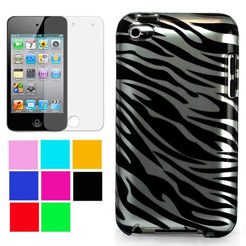Durable Two Piece Front and Back Protective Hard Shell Crystal Cover Case for Apple iPod Touch 4th Generation + Clear Screen Protector for Apple iPod Touch 4th Generation , Silver Zebra
