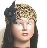 Hand Crocheted Black Chenille and Gold Gimp Tweed Skull Cap for Women and Teens in Combination with Metallic Black Foil Rose and Leaf on French Clip