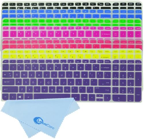 LeenCore® 7-Pack Series Colorful Cute Lovely Translucent Silicone Laptop Keyboard Skin Cover Protector for 15.6-Inch HP Pavilion ENVY 15 TouchSmart Sleekbook 15-j000 15-b000 15t-j000 15t-e000 15z-j000 15z-e000 15z-b000 Notebook PC, such as 15-e014nr, 15-e016nr, 15-e015nr, 15-j050us, 15-j032tx, 15-j030us, 15-j053cl, 15-j010us, 15-j011nr, 15-j023cl, 15-b085nr, 15-b150us, 15-b010us, 15z-b000, 15-b120us, 15-b140us US Layout (if your "enter" key looks like "7", our skin can't fit) (Black+Blue+Green+Hot Pink+Baby Pink+Purple+Yellow) + 3 x Microfiber Cleaning Cloth from LeenCore