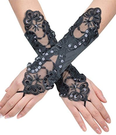 IReney Women's Sexy Bridal Elegant Finger-less Lace Embroidered Gloves for Wedding Party Black