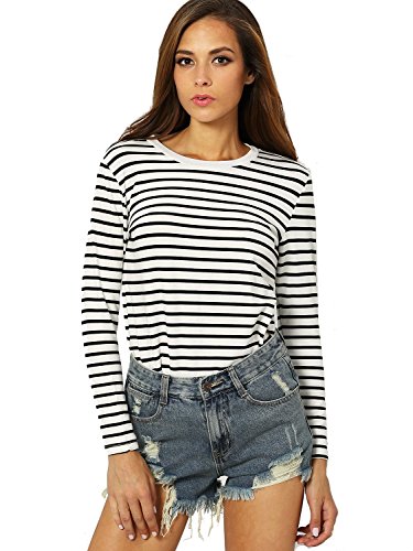 SheIn Women's Fall Round Neck Long Sleeve Striped T-Shirt