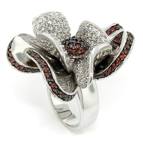 Superb Flower Cocktail Ring w/Garnet  &  White CZs Size 7