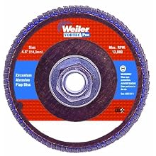 Weiler Vortec Pro 7/8" Arbor, 4-1/2" Diameter, 36 Grit, Zirconium, Phenolic Backing, Angled Abrasive Flap Disc