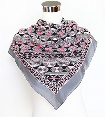 Crepe de Chine Pink/Black Geometric Print with Gray Band - 100% Silk Square Scarf 30" x 30"
