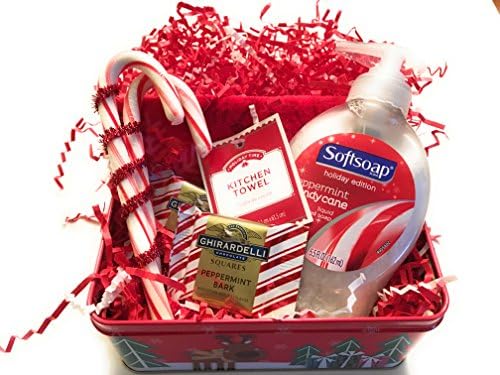 Peppermint Candy Cane Softsoap Gift Set with Snowflake Hand Towel, Cinnamon Stick Scented Candle, and Gerardelli White Chocolate Peppermint Bark Limited Edition.