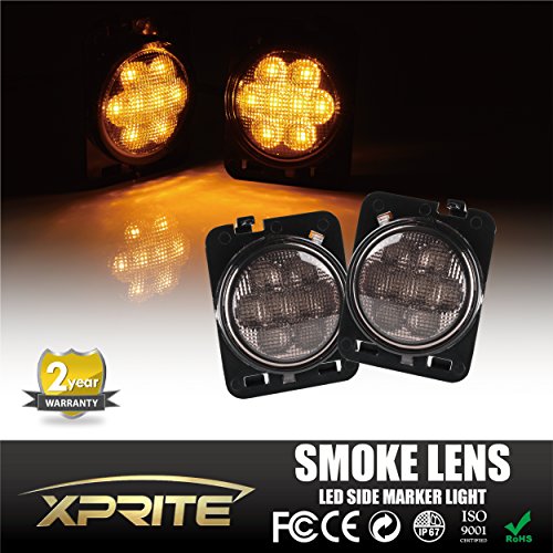 feature Xprite LED Amber Yellow Front Fender Side Marker Light Assembly with Smoke Lens for 2007 - 2016 Jeep Wrangler