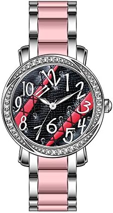 KSD Women's Luxury Unique Zirconia Bezel Stainless Steel/Pink Ceramic Quartz Wrist Watch Leather Look Corset Red and Black Print Watches