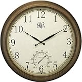 River City Clocks 24 Inch Indoor/Outdoor Clock with Brass Colored Finish, Time, and Temperature - Model # 1011-24